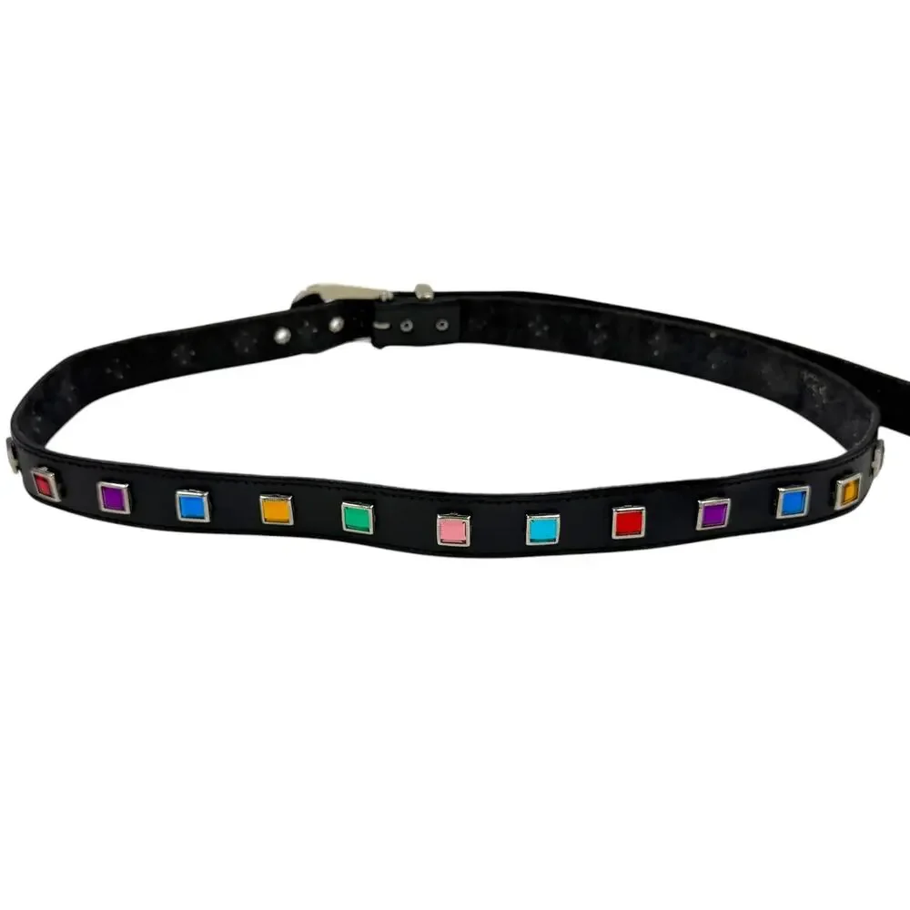 Vintage Nocona Rainbow Rhinestone Belt Women Black Leather Western Ranger Y2K ML